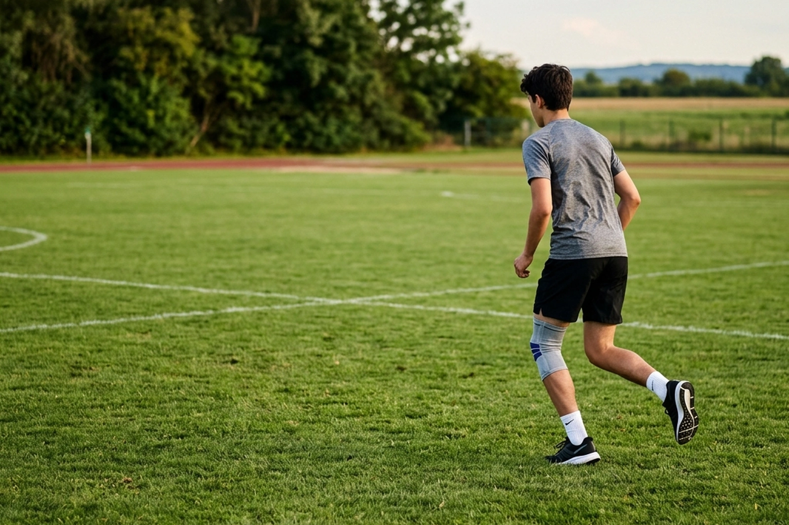 Adolescente con ginocchiera sportiva che corre su un campo durante la fase di rientro allo sport